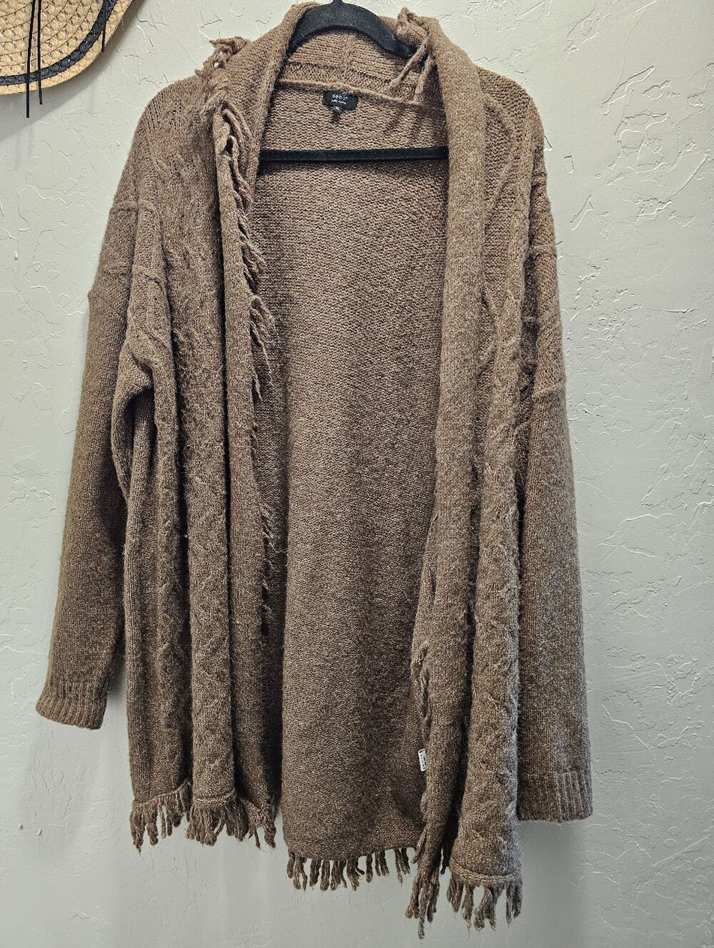 debut Brown Open-Front Fringe Knit Cardigan